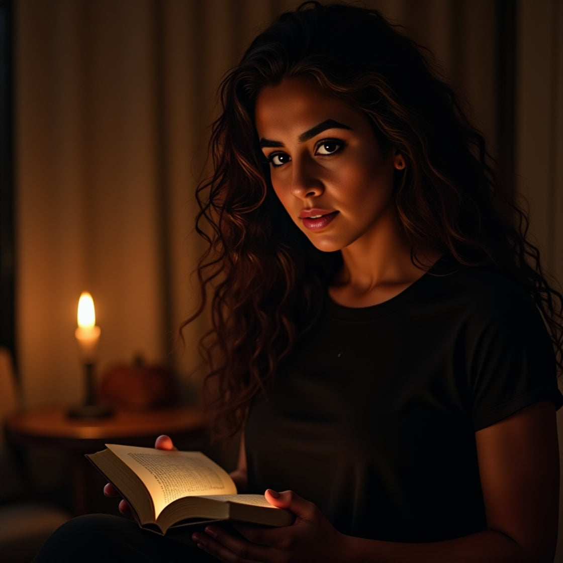 Brandi Blyss reading by candlelight